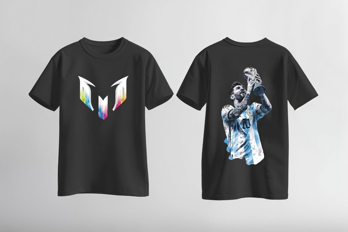 Lionel Messi World Cup Champions Black T-Shirt – Front Logo & Back Graphic