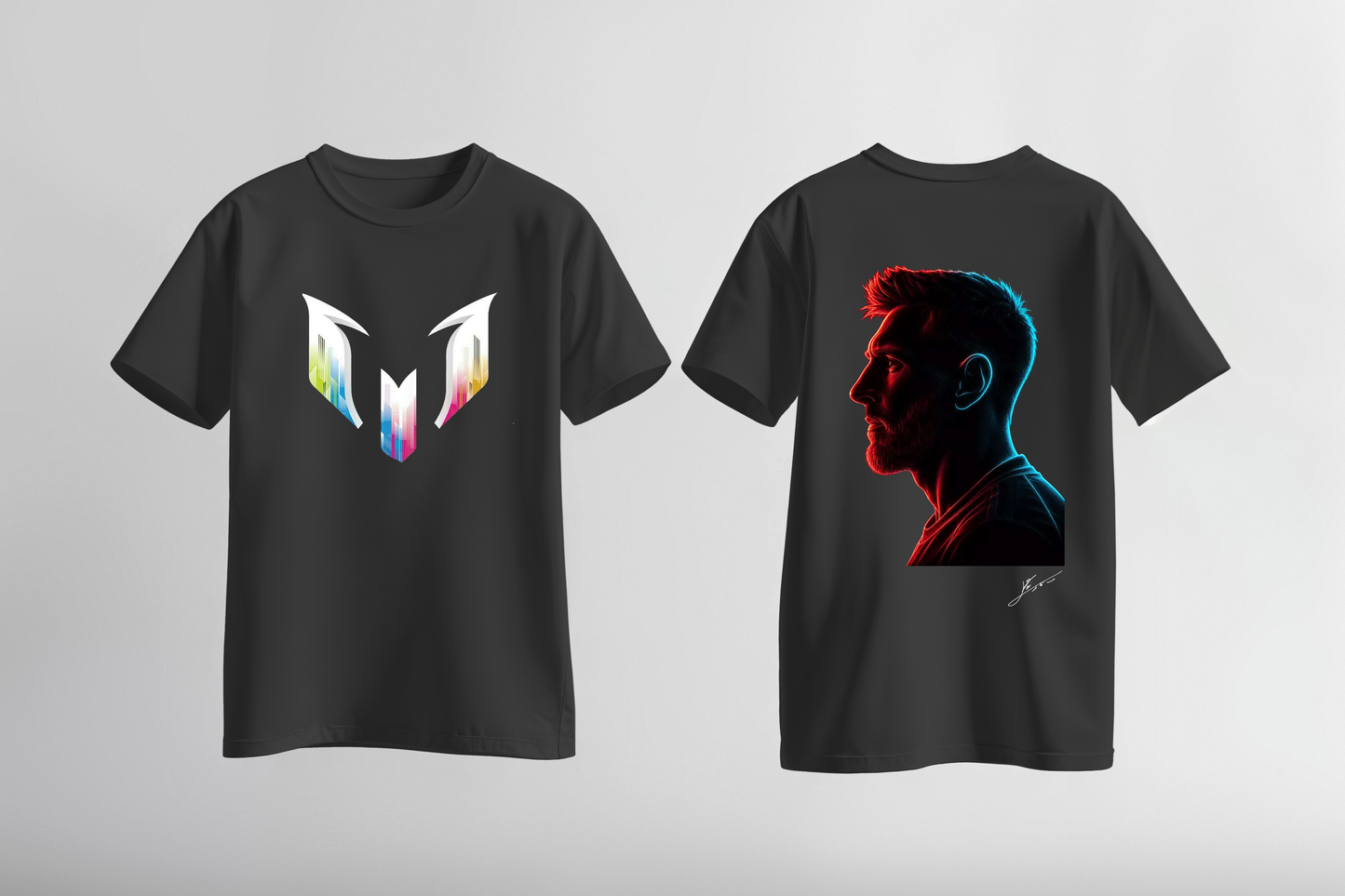 Lionel Messi Neon Graphic Black T-Shirt – Front Logo & Back Portrait